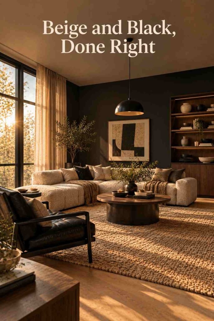 Full corner view of a beige and black living room with matte black accent wall, walnut shelving, and bouclé sofa.