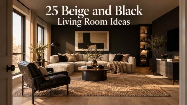 Beige and black living room with a bouclé sofa, black accent wall, and walnut coffee table lit by afternoon window light.