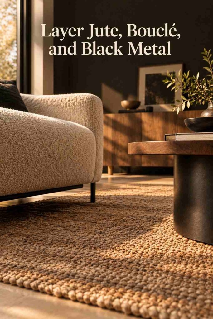 Low-angle view of a jute-beige rug with black furniture legs and a walnut coffee table edge.
