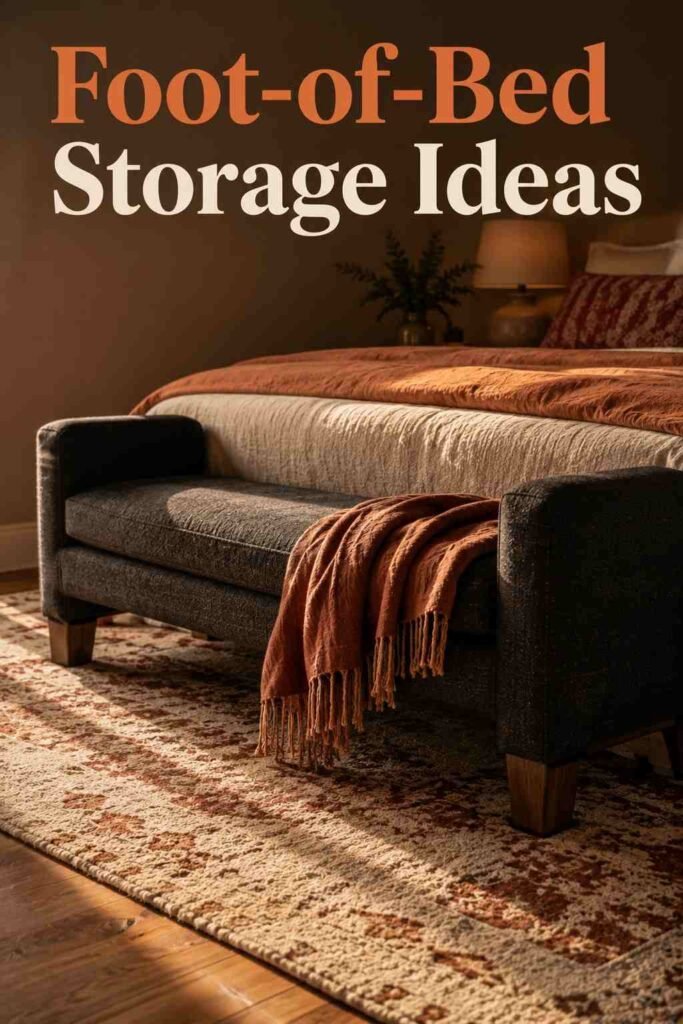 Charcoal bench at the foot of a taupe bed, styled with a folded throw, over a cream-and-rust wool rug.
