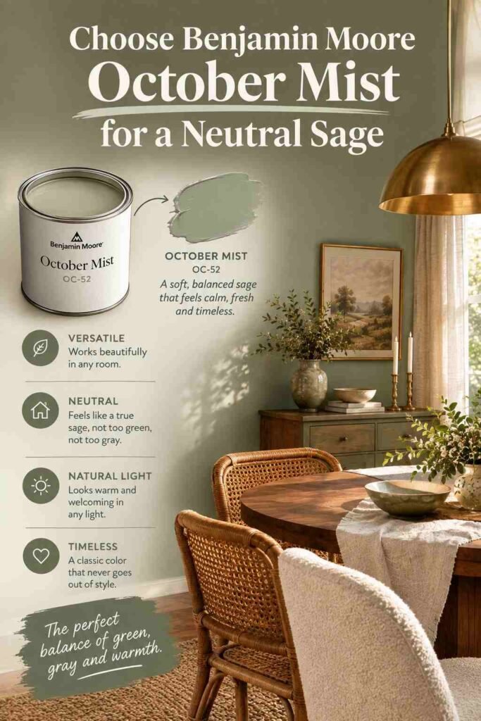 Benjamin Moore October Mist OC-52 neutral sage green paint featured in a warm, earthy dining room with walnut wood and brass accents.