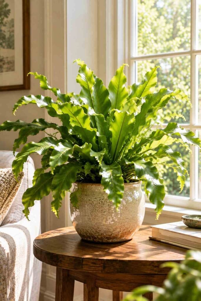 Lush Fern Sunroom Ideas to Turn Any Room Into a Living Retreat (Ideas, Plants & Care Tips) 11 Bird's nest fern with wavy rosette fronds in a sunroom