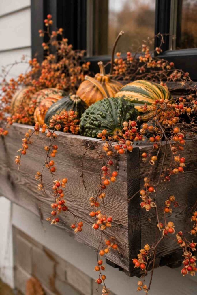 Halloween Window Boxes: Spooky, Elegant & Budget-Friendly Ideas for Every Home 16 Trailing bittersweet vine and warty gourds spilling from a Halloween window box