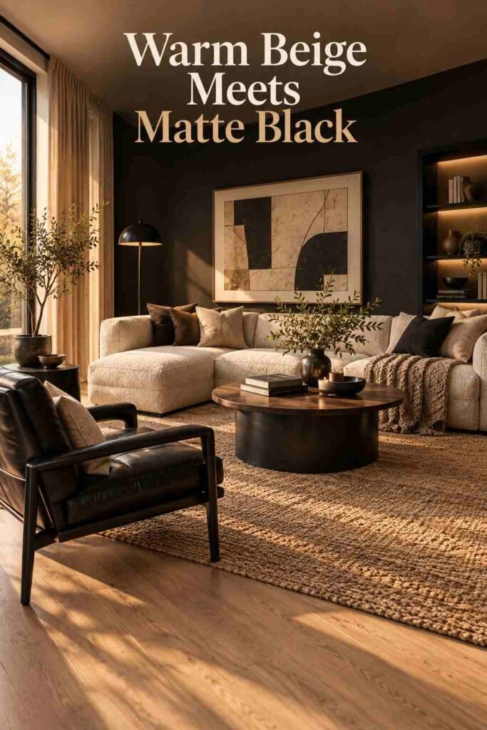 Black accent wall behind a beige bouclé sofa in a warm, neutral living room.