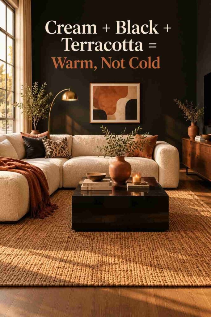Cream bouclé sofa and black lacquered coffee table styled in front of a matte black living room wall.