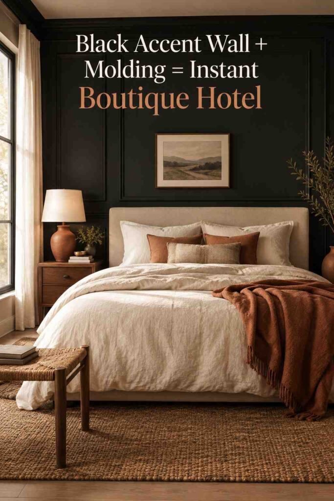 Black Accent Wall Ideas to Add Bold, Timeless Drama to Any Room 4 Black bedroom accent wall with picture-frame molding behind a linen headboard, styled with terracotta accents.