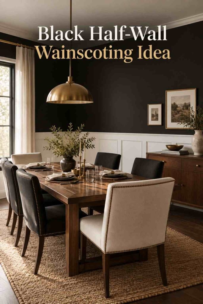 Black Accent Wall Ideas to Add Bold, Timeless Drama to Any Room 8 Dining room with white wainscoting and a black upper wall, brass pendant light above a wood table.
