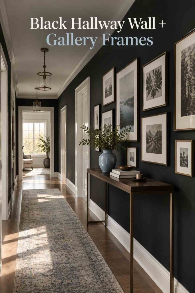 Black Accent Wall Ideas to Add Bold, Timeless Drama to Any Room 10 Black accent wall in a hallway lined with a gallery of framed art and a slim console table.