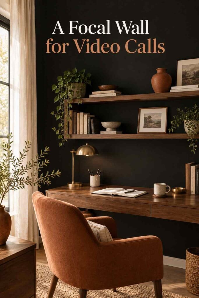 Black Accent Wall Ideas to Add Bold, Timeless Drama to Any Room 9 Black accent wall behind a walnut desk and wood shelving in a warm home office nook.