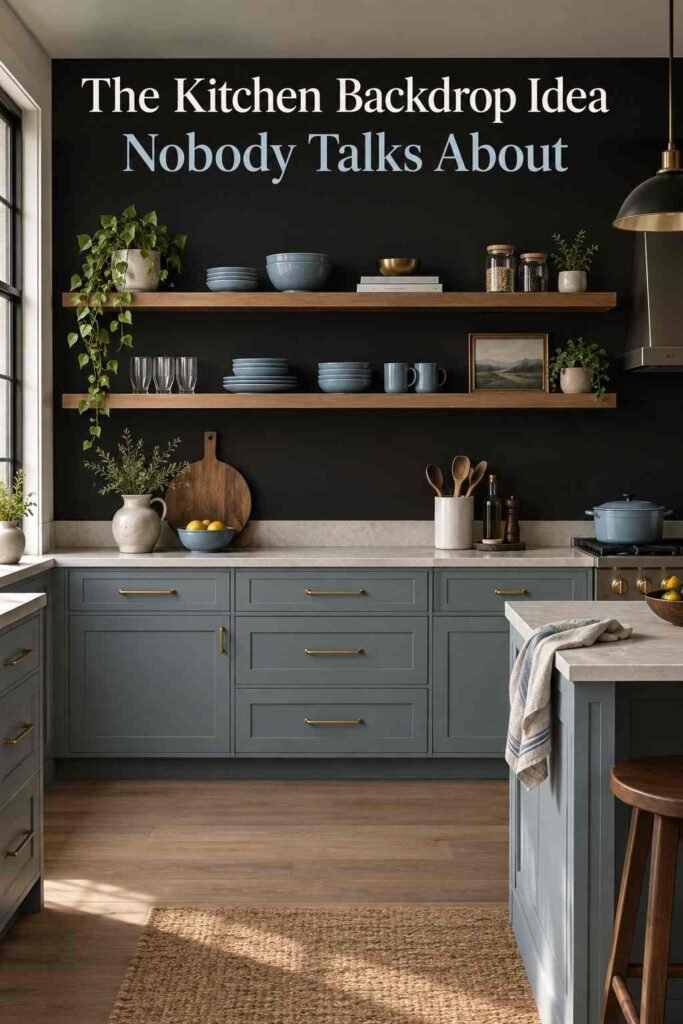 Black Accent Wall Ideas to Add Bold, Timeless Drama to Any Room 5 Black accent wall behind open wood shelving in a kitchen styled with dusty-blue dishware.