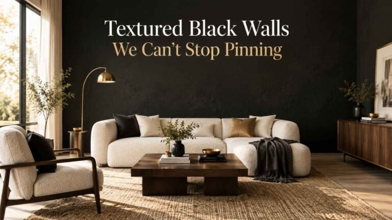 Textured matte black accent wall behind a bouclé sofa in a modern living room with brass accents.