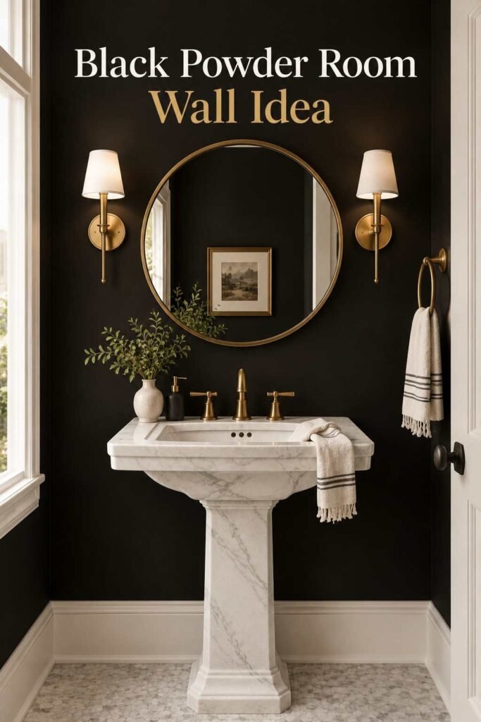 Black Accent Wall Ideas to Add Bold, Timeless Drama to Any Room 7 Black accent wall behind a white pedestal sink and brass-framed mirror in a powder room.