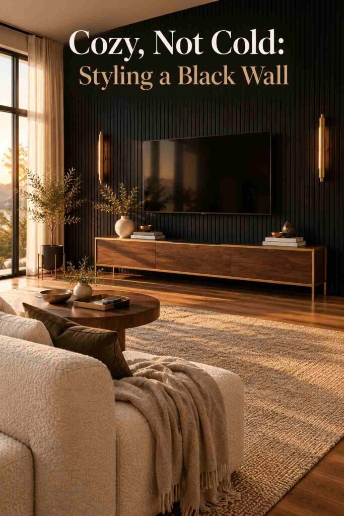 Living room seating area with a boucle sofa facing a black slat accent wall and mounted television.