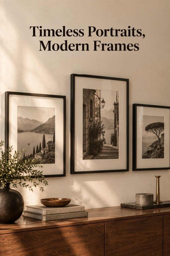 Close-up of three black-and-white framed portraits in black metal frames with visible mat borders.