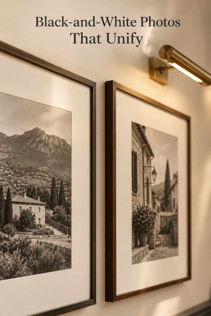 Wall-Going-Downstairs Ideas to Turn Your Staircase Into a Showpiece 7 Close-up of two black-and-white photographs in charcoal and walnut frames with ivory mats, hung a few inches apart.