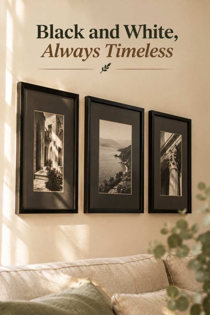Picture Frame Wall Ideas to Turn Blank Walls Into Personal Stories 8 Row of three black-and-white photographs in black frames with wide charcoal mats on a cream wall.