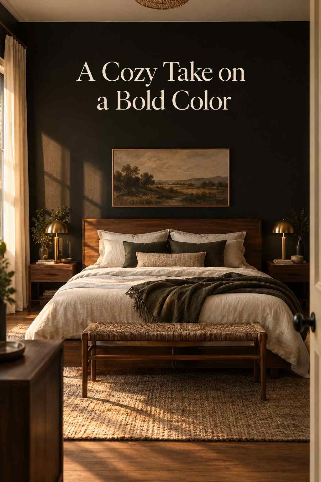 Matte black accent wall behind a low wood bed frame with linen bedding and a woven bench.