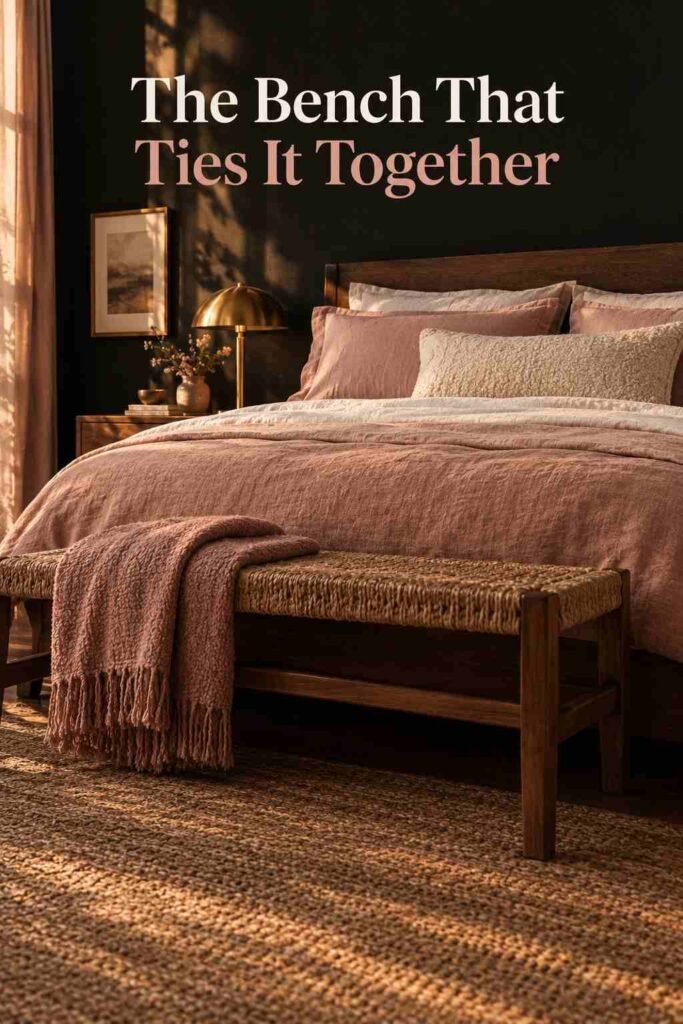 Black Bedroom Wall Ideas That Turn a Plain Room Into a Retreat 5 Woven bench at the foot of a bed styled with a folded throw against a black wall.
