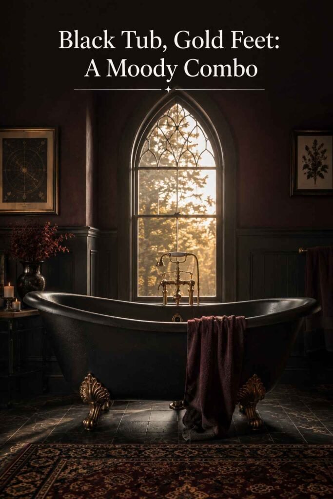 Matte black clawfoot bathtub with antique brass feet in front of a charcoal and aubergine wall.