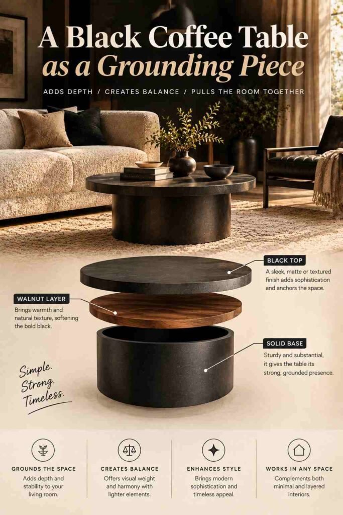 Exploded-view illustration of a black coffee table grounding a warm beige living room with a bouclé sofa, woven rug, and walnut accents.