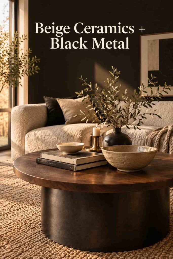 Close-up of a black coffee table styled with beige ceramic bowls and a brass candlestick.