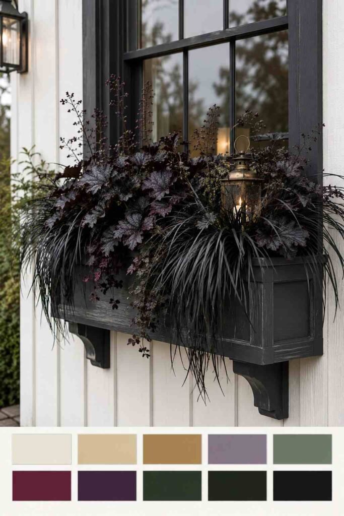 Halloween Window Boxes: Spooky, Elegant & Budget-Friendly Ideas for Every Home 3 Black foliage shadow garden Halloween window box with a color palette swatch strip below