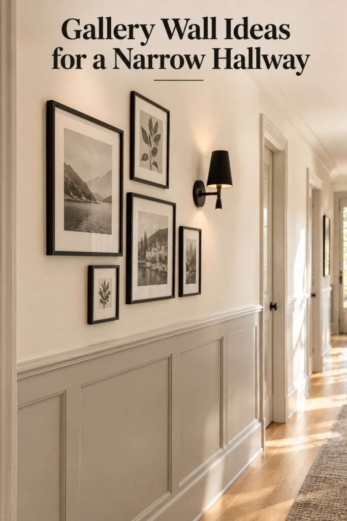 Narrow Hallway Ideas That Make a Tight Corridor Feel Wider, Brighter, and Full of Character 8 Small black-frame gallery wall above grey picture-frame wainscoting in a narrow hallway, lit by a black wall sconce.