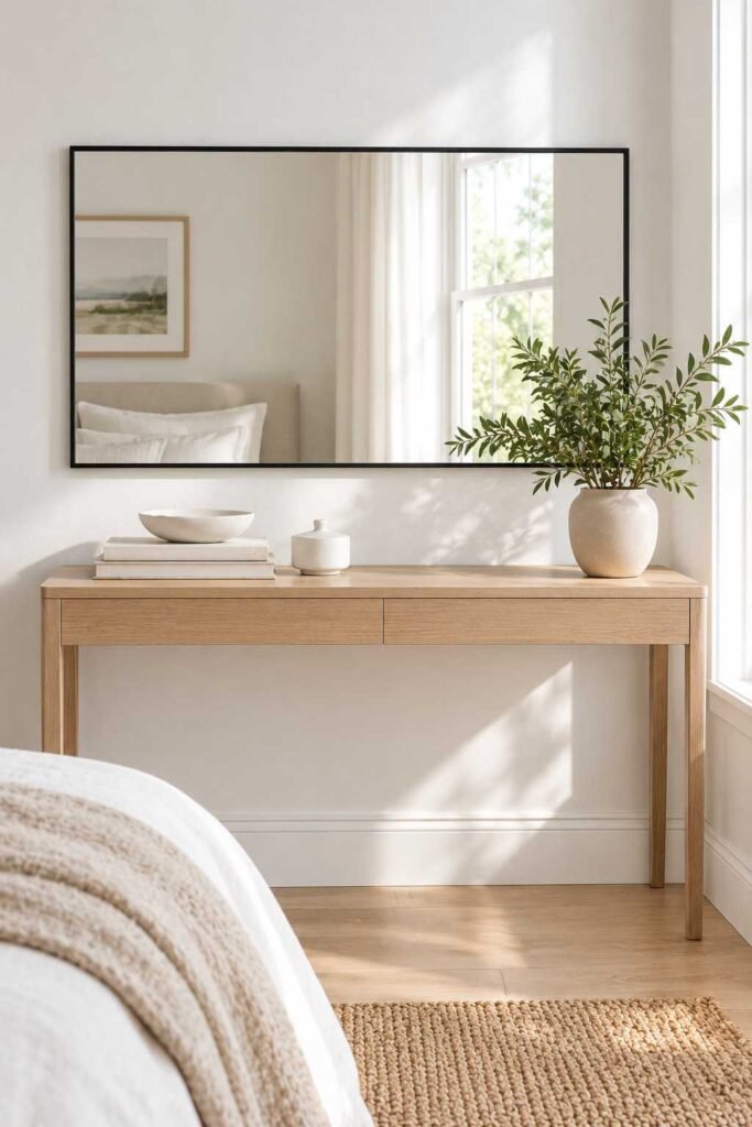 Mirror Table Decor Bedroom: 26 Stylish Ideas for Nightstands, Dressers & Vanities 18 Black-framed mirror above a table with white ceramics and a green plant