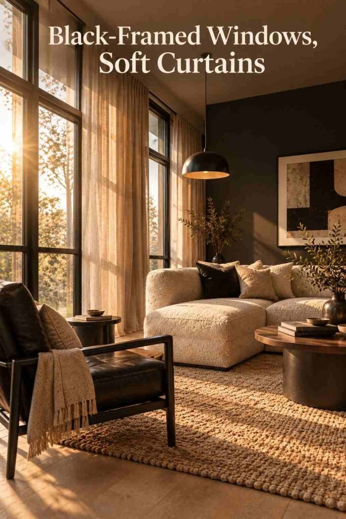 Black-framed window with sheer beige curtains and warm afternoon light across a living room seating area.
