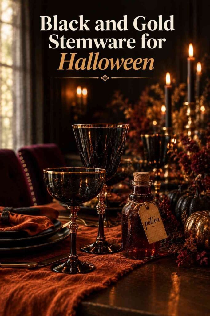 Black gold-rimmed stemware beside a small glass bottle labeled with a handwritten potion tag.