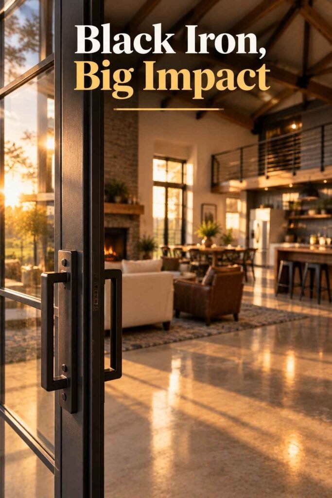 Barndominium Ideas to Inspire Your Exterior, Layout, and Interior 14 Black iron handle on a tall black-framed glass door with warm golden light reflected on the glass and concrete floor.