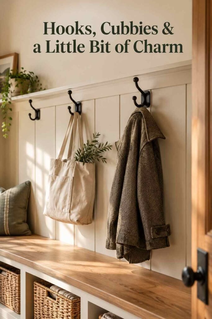 Mudroom Ideas to Transform Your Entryway Into an Organized Family Hub 6 Close-up of black iron double hooks holding a canvas tote and jacket above woven storage baskets.