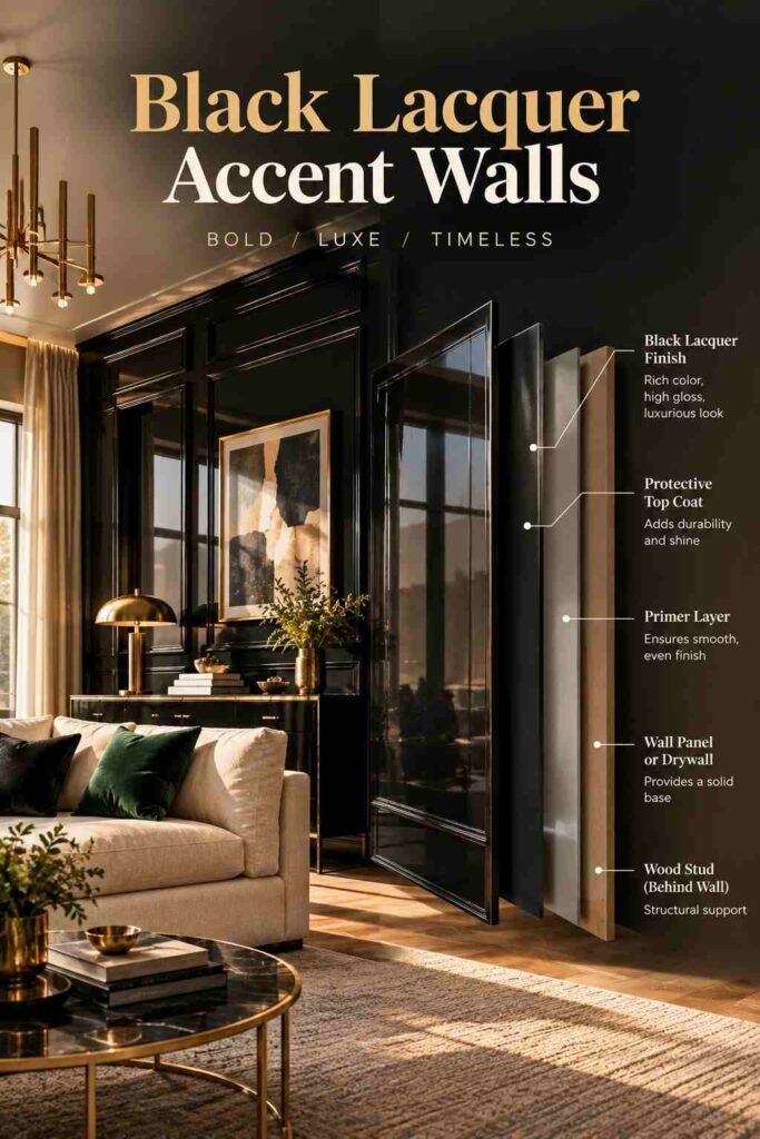 Black lacquer accent wall with layered glossy panels in a luxurious living room, shown in an exploded view with gold accents.