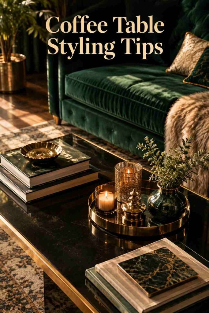 Black lacquered coffee table with gold trim styled with books and a brass candle tray.