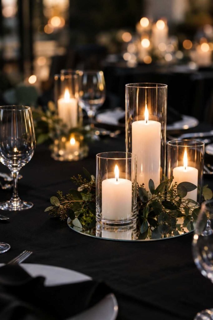 Black linen wedding table with clear mirror bases and white candles.