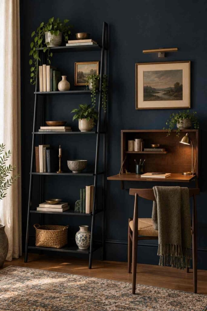Slim black metal shelving unit with books and ceramics against a navy wall.