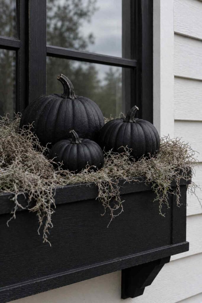 Halloween Window Boxes: Spooky, Elegant & Budget-Friendly Ideas for Every Home 8 Black pumpkins nestled in dried moss in a low-maintenance Halloween window box