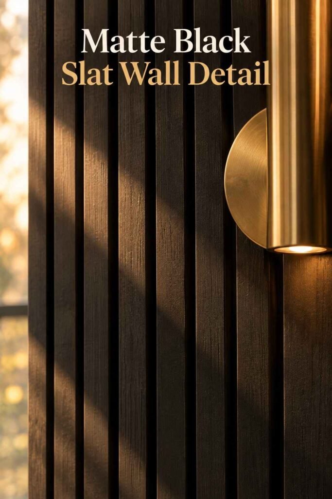 Close-up of matte black wood slat wall texture with a brass wall sconce reflecting warm light.