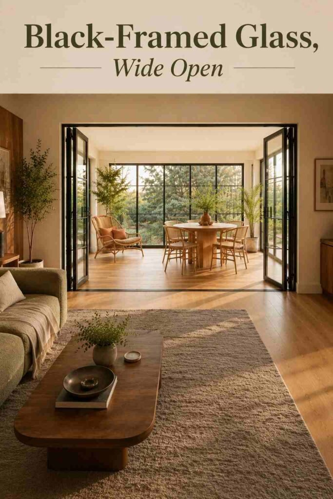 Black steel-framed French doors fully open between a living room and a sunlit sunroom with a round blonde wood table.