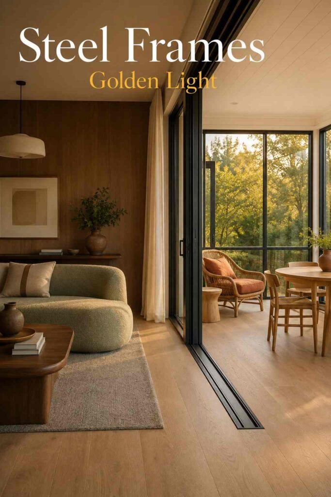 Close-up of a black steel window frame and glass corner in a sunlit sunroom.