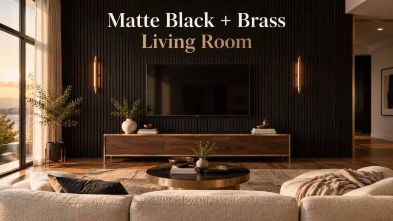 Modern living room with a full-height matte black slat wood accent wall, mounted TV, and brass-accented media console.