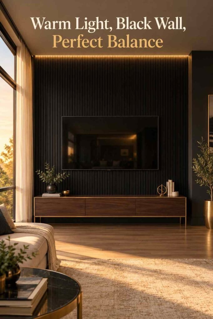 Full-height black slat accent wall with a warm LED light strip glowing along the top edge above a mounted TV.