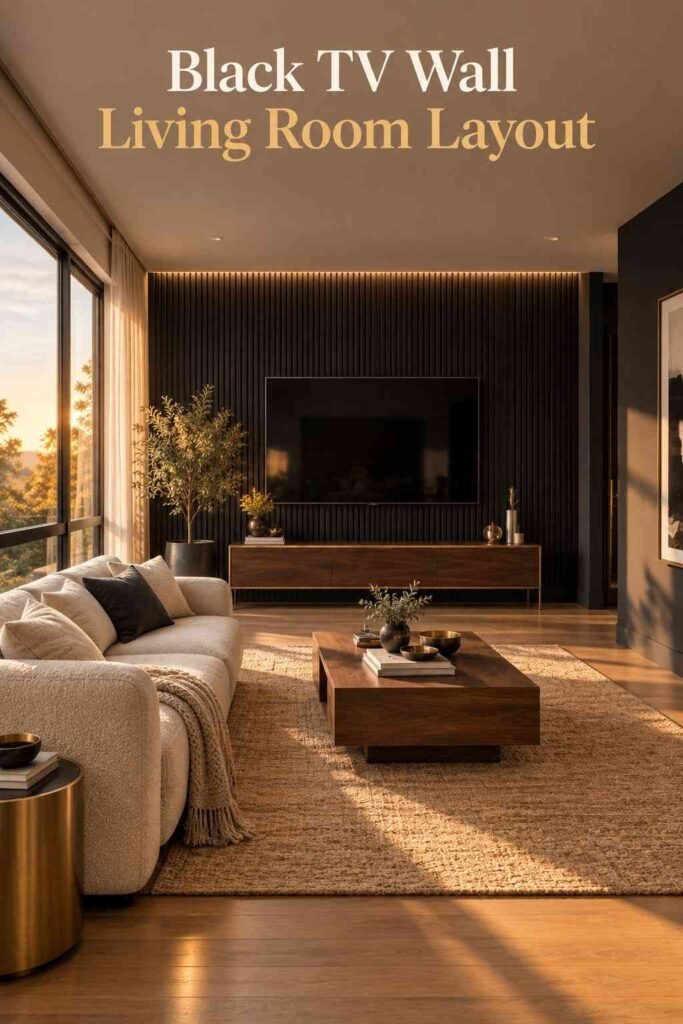 Wide view of a living room with a black slat accent wall, boucle sofa, jute rug, and potted plant.