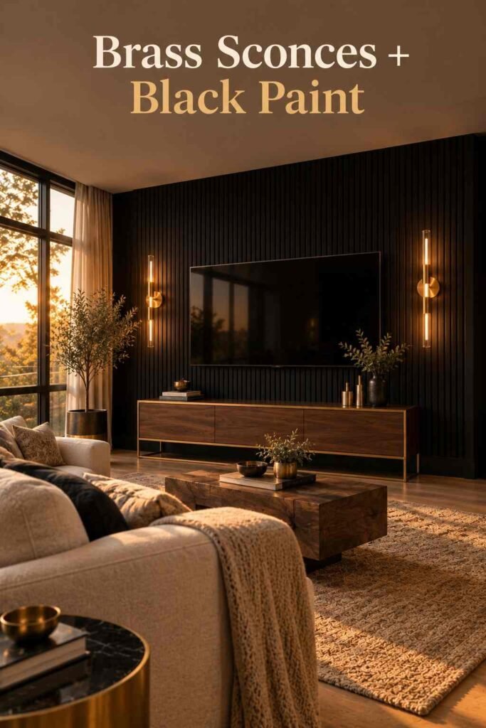 Black slat accent wall with brass wall sconces glowing on either side of a mounted television.