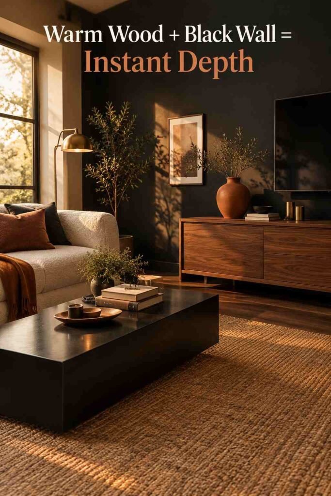 Walnut console table with a terracotta vase styled against a matte black living room wall.