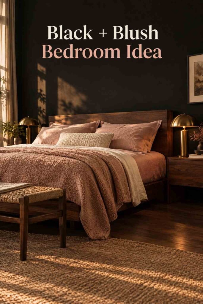 Black Bedroom Wall Ideas That Turn a Plain Room Into a Retreat 3 Black accent wall paired with dusty rose bedding and ivory linen textiles.