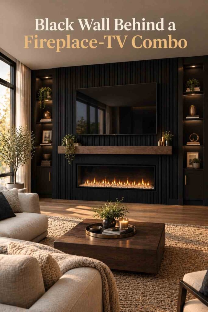 Modern living room with a black slat wall featuring a mounted TV above a linear fireplace, warm wood and brass accents, and neutral furnishings.