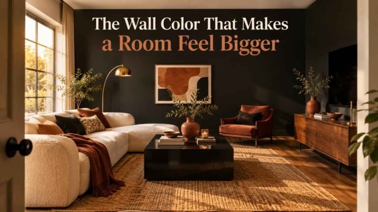 Living room with a matte black accent wall, cream bouclé sofa, and terracotta accents lit by warm afternoon light.