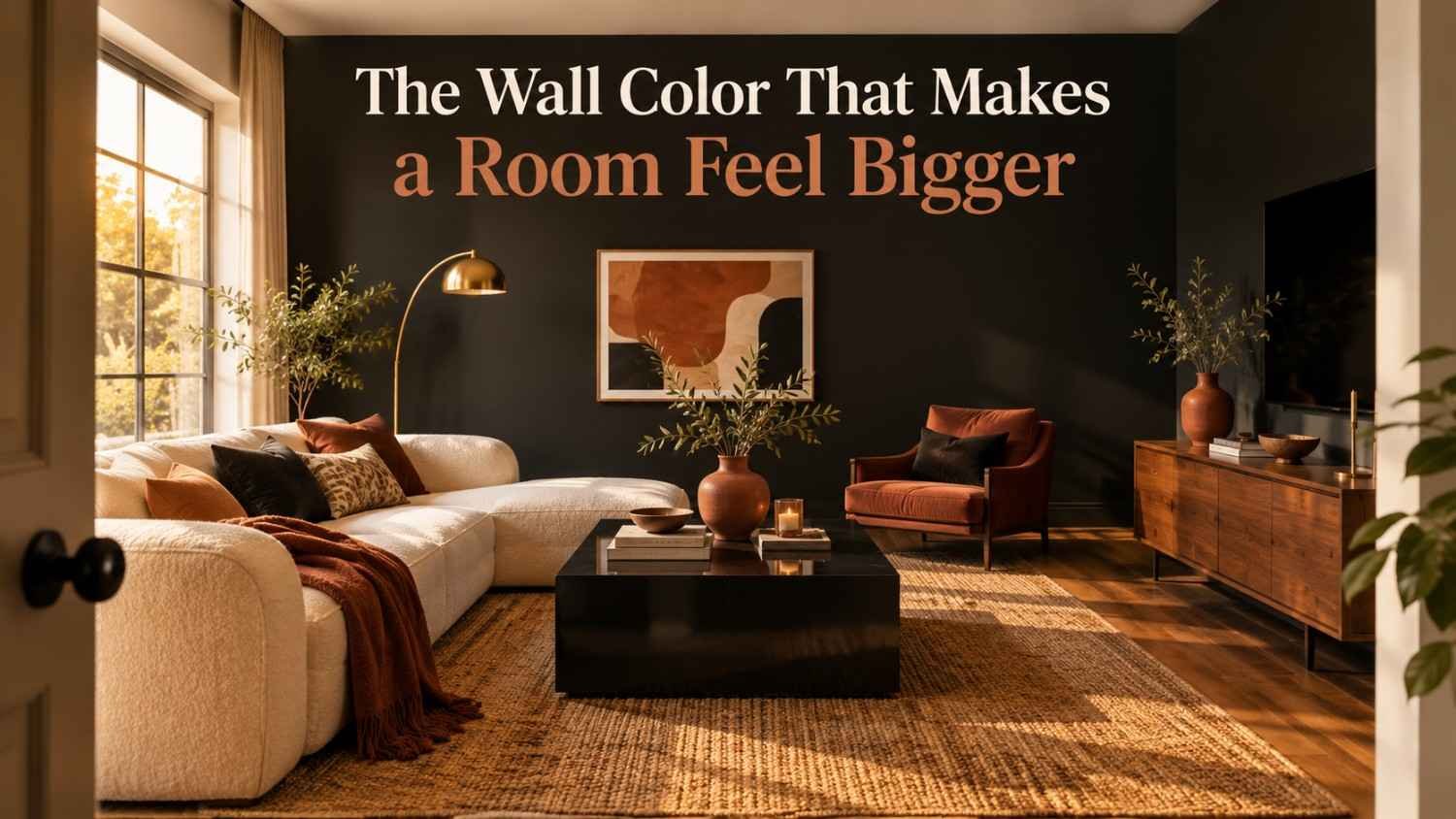 Living room with a matte black accent wall, cream bouclé sofa, and terracotta accents lit by warm afternoon light.