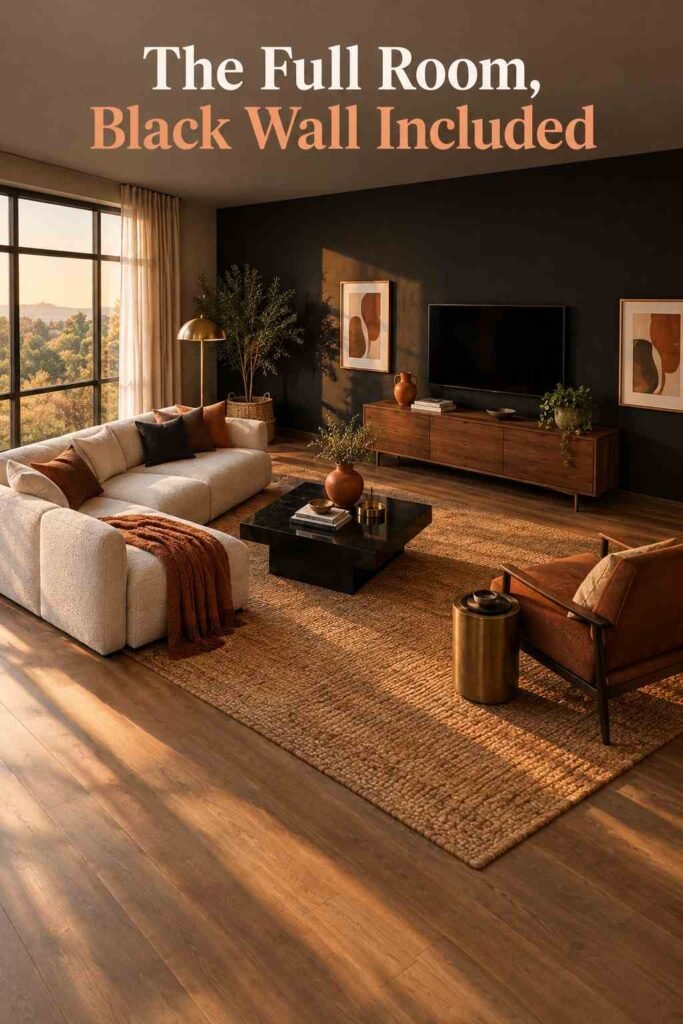 Elevated view of a full living room layout centered around a matte black accent wall.